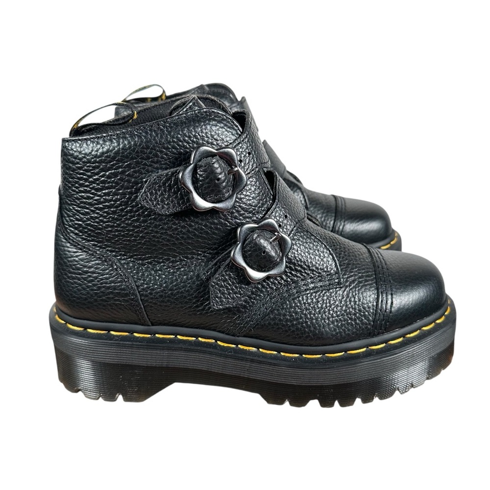 DR. MARTEN Devon Flower Buckle Leather Platform Boots in black milled nappa - Picture 2 of 11